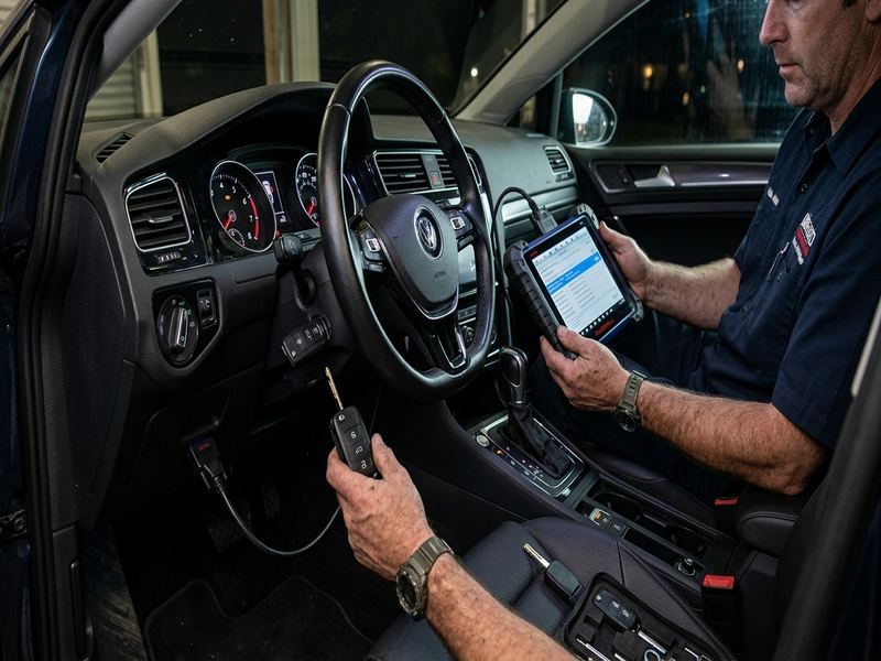 Car key transponder programming device connected to a vehicle