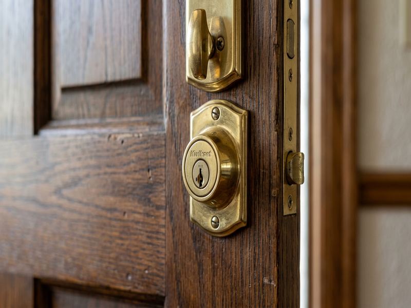 Grade 1 brass deadbolt installed on a solid wood residential door