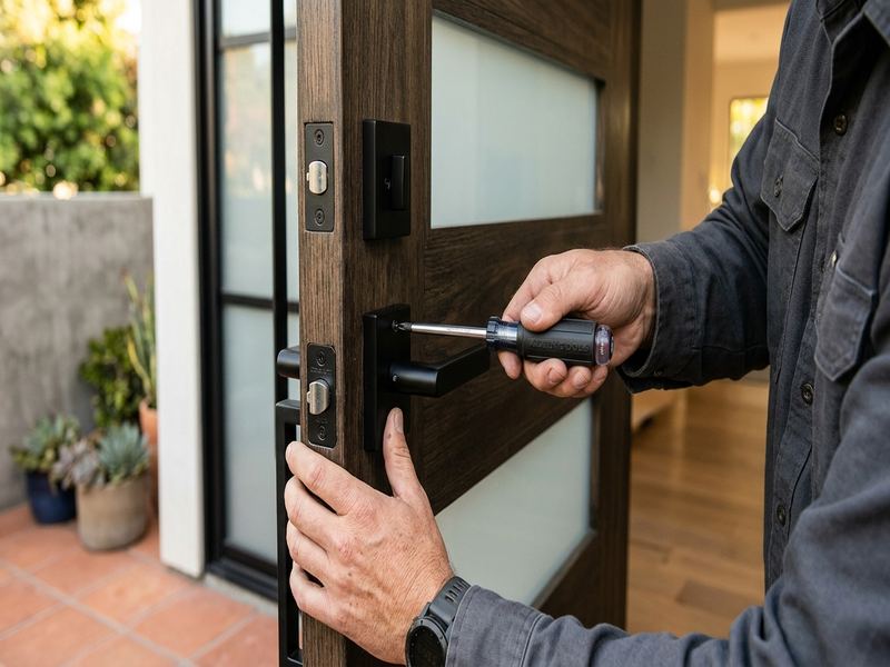 Locksmith installing new door hardware on a California residential entry door