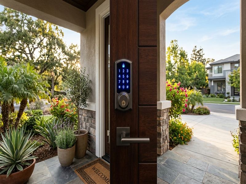 Smart electronic keypad lock installed on a modern home front door