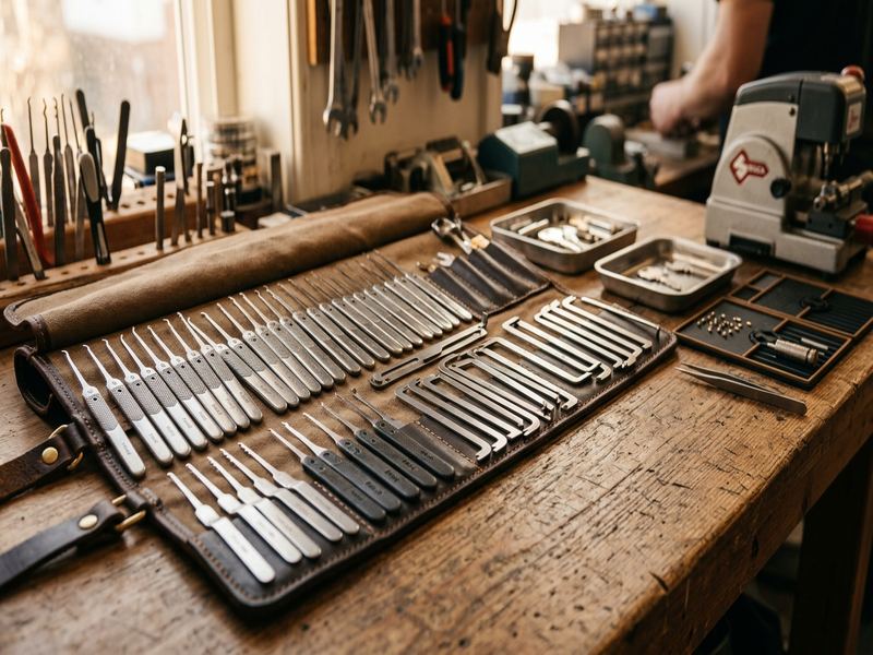 Professional locksmith tool kit with picks and tension wrenches