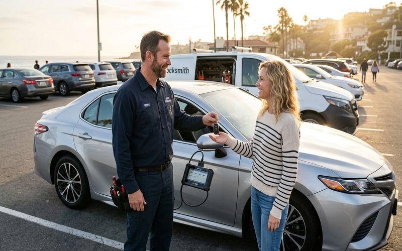 Auto locksmith programming a transponder key for a car owner in Foster City