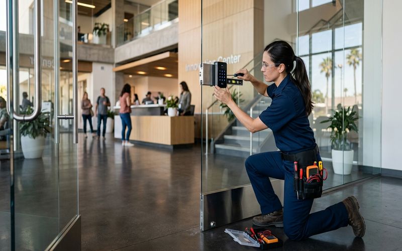 Locksmith installing an electronic access control reader at a Foster City commercial office