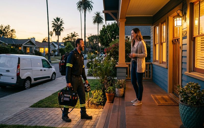 Locksmith arriving at a Foster City home to help a homeowner locked outside at dusk