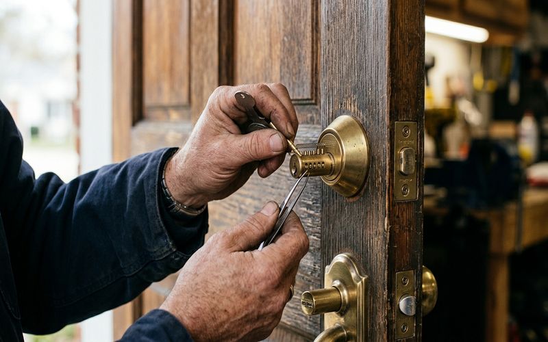 Locksmith close-up rekeying a deadbolt cylinder at a Foster City residential door