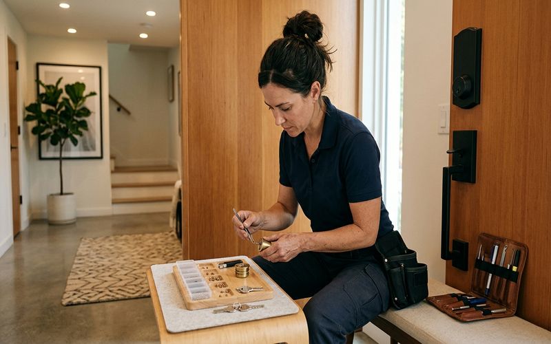 Locksmith rekeying a residential deadbolt at a Foster City home