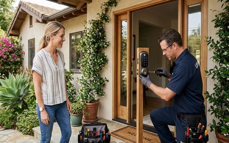 Locksmith installing a smart keypad deadbolt on a Foster City California home front door